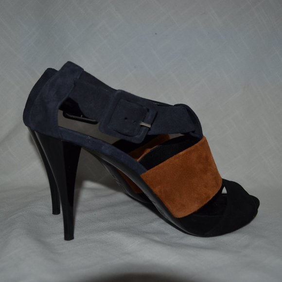 Sz 37 6.5 Pierre Hardy Navy Brown Suede Buckle Strap 4" Heels - Picture 5 of 9